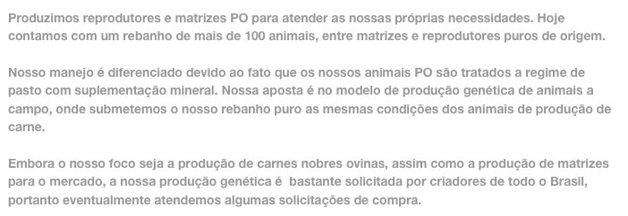 Produzimos reprodutores e matrizes PO para atender as nossas próprias necessidades. Hoje contamos com um rebanho de mais de 100 animais, entre matrizes e reprodutores puros de origem.

Nosso manejo é diferenciado devido ao fato que os nossos animais PO são tratados a regime de pasto com suplementação mineral. Nossa aposta é no modelo de produção genética de animais a campo, onde submetemos o nosso rebanho puro as mesmas condições dos animais de produção de carne.

Embora o nosso foco seja a produção de carnes nobres ovinas, assim como a produção de matrizes para o mercado, a nossa produção genética é  bastante solicitada por criadores de todo o Brasil, portanto eventualmente atendemos algumas solicitações de compra.